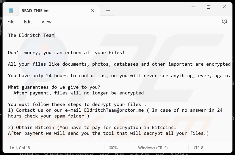 Eldritch ransomware ransom note (READ-THIS.txt)