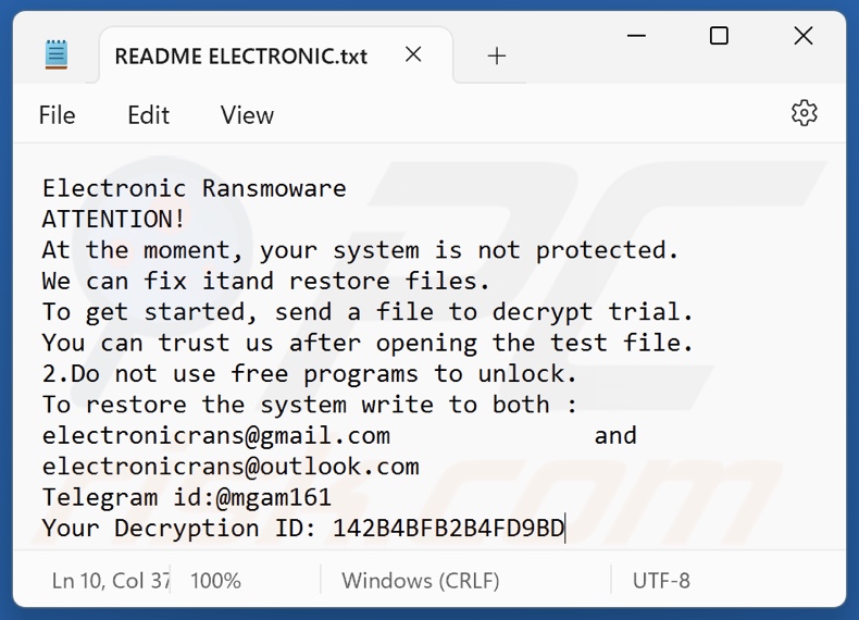 Electronic ransomware ransom note (README ELECTRONIC.txt)