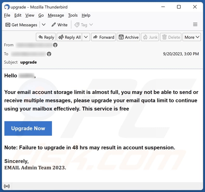 Email Account Storage Limit Is Almost email spam campaign