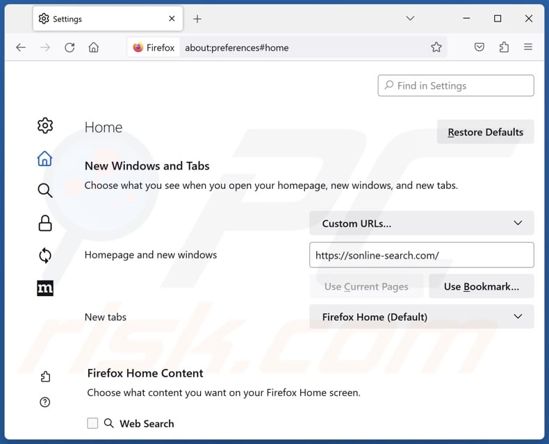 Removing sonline-search.com from Mozilla Firefox homepage