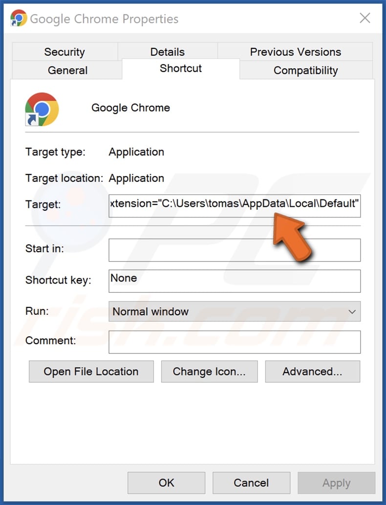 Chrome shortcut target modified by fake Google Drive extension