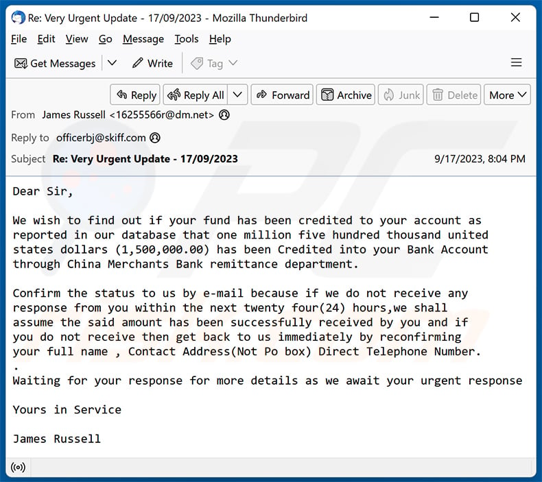 Funds Has Been Credited To Your Account email scam (2023-09-19)