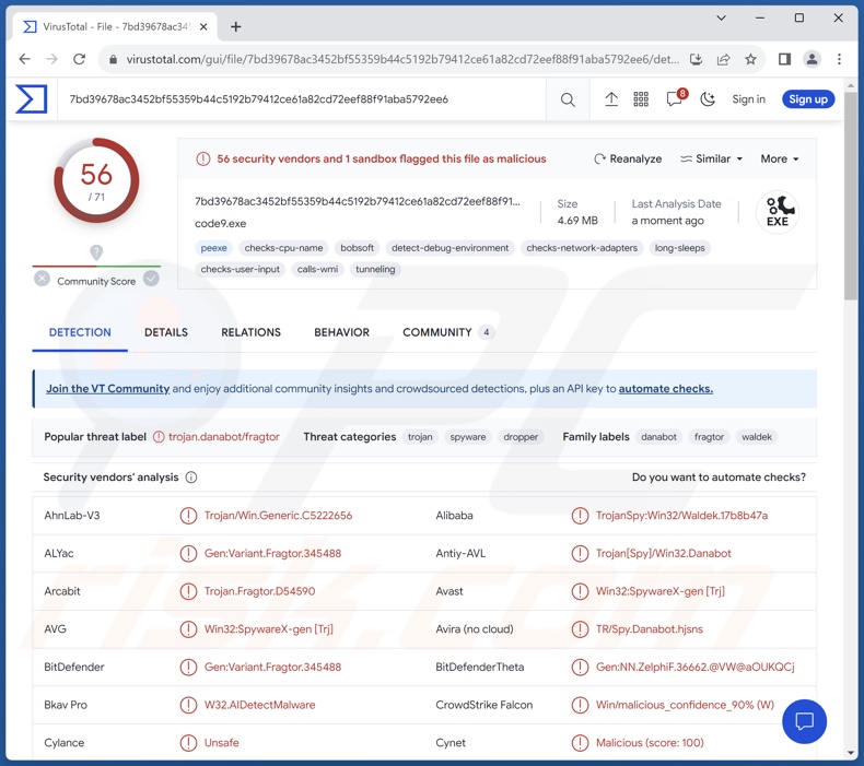 HijackLoader malware detections on VirusTotal