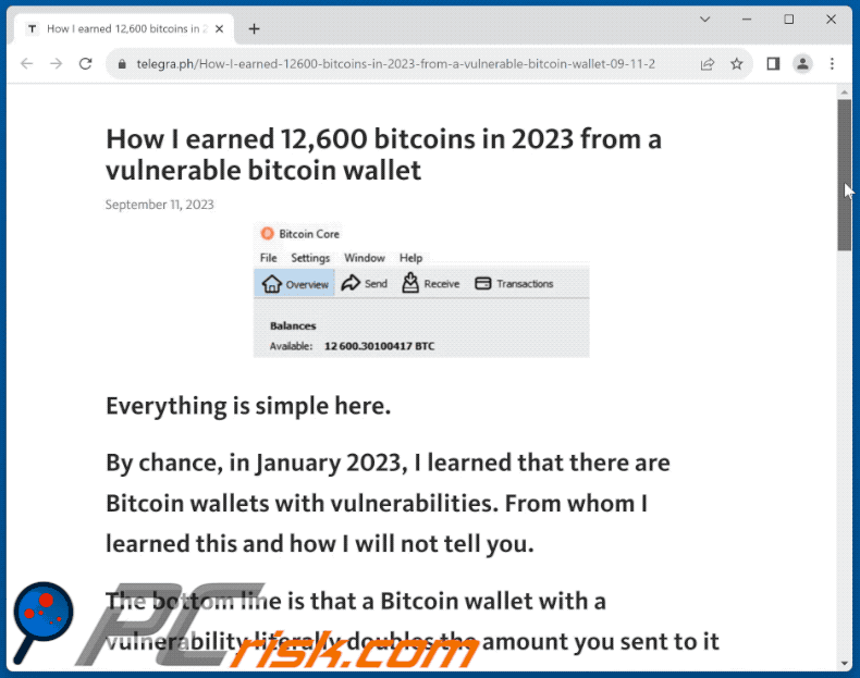 How I Earned Bitcoins scam email promoted website (GIF)