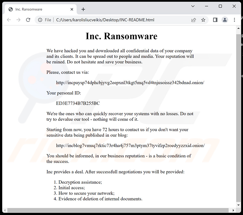 HTML ransom note dropped by INC ransomware
