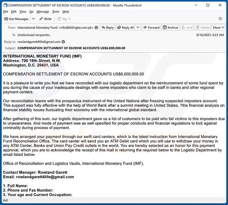 INTERNATIONAL MONETARY FUND (IMF) email scam (2023-09-19)