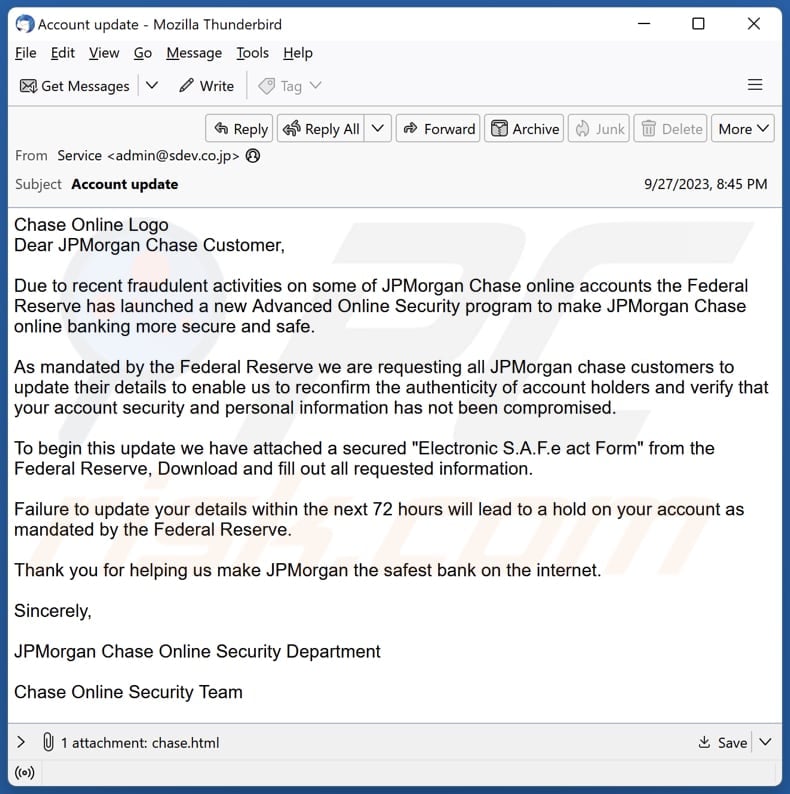 JPMorgan Chase Online Security Department scam email