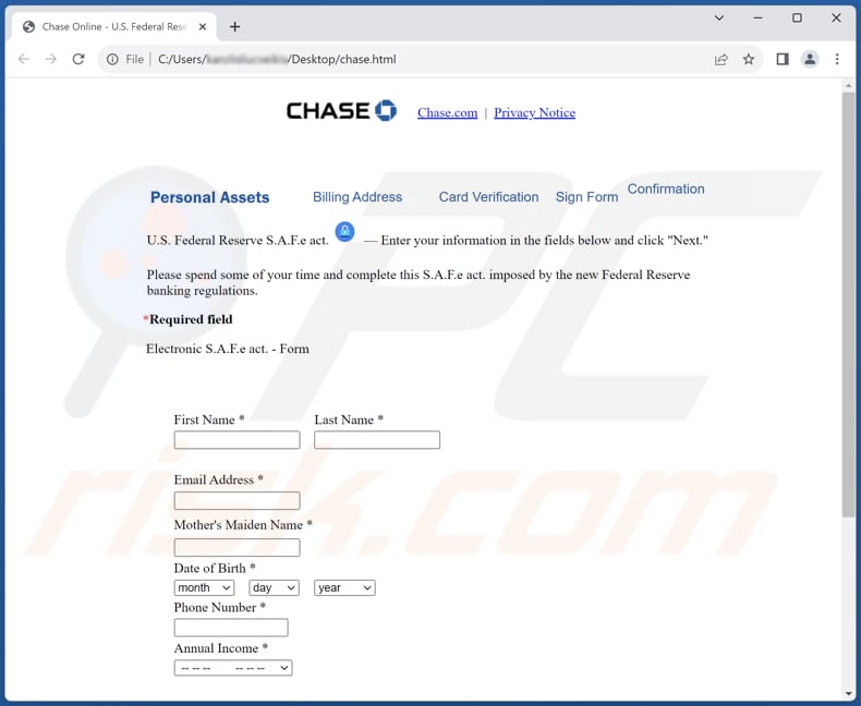 JPMorgan Chase Online Security Department scam phishing form