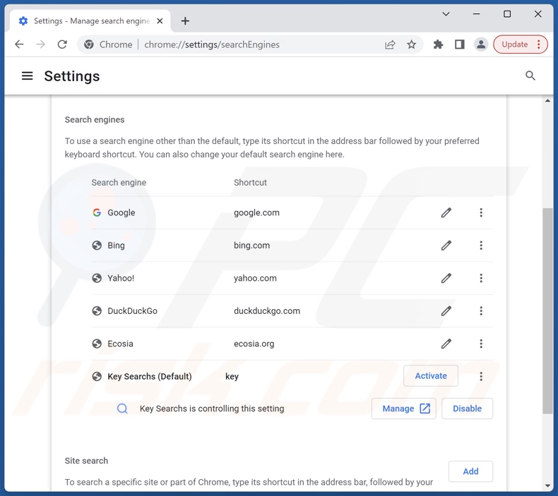 Removing keysearchs.com from Google Chrome default search engine