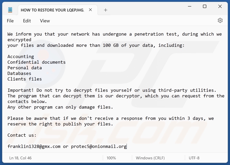 Lqepjhgjczo ransomware ransom note (HOW TO RESTORE YOUR LQEPJHGJCZO FILES.TXT)