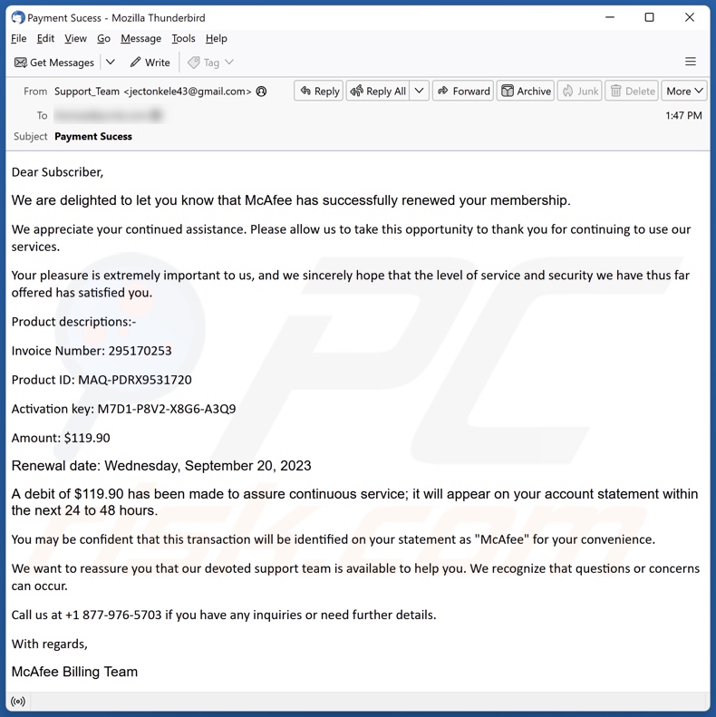 McAfee Has Successfully Renewed Your Membership email spam campaign