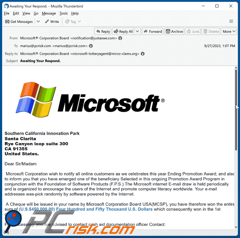 Appearance of the Microsoft Ending Promotion Award scam email