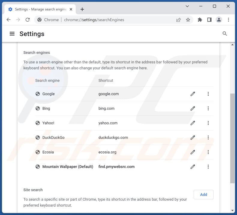 Removing find.pmywebsrc.com from Google Chrome default search engine