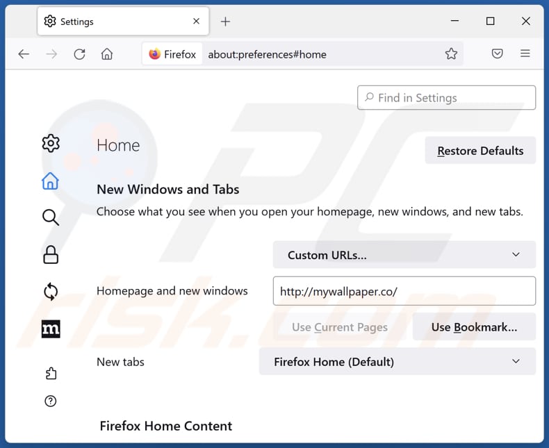 Removing mywallpaper.co from Mozilla Firefox homepage