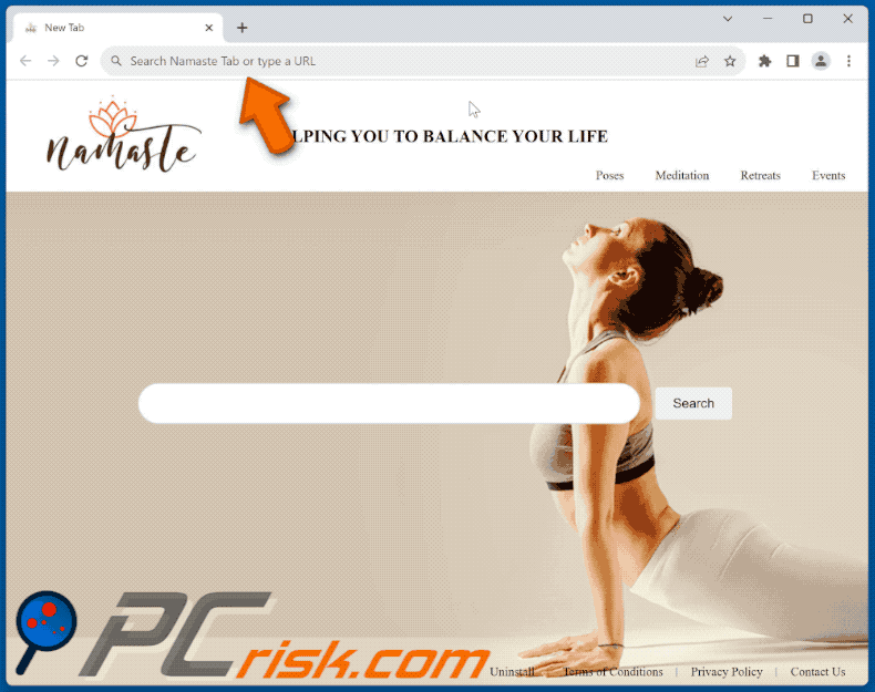 Namaste Tab browser hijacker redirecting to Bing (GIF)
