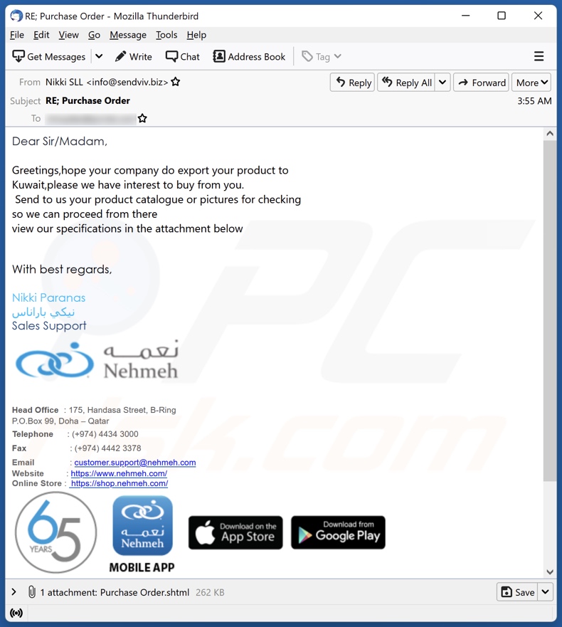 Nehmeh Purchase Order Email Scam - Removal and recovery steps