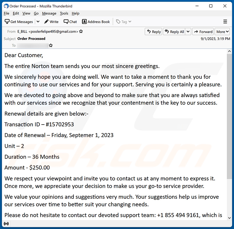 Norton Subscription Renewal Confirmation email scam (2023-09-05)