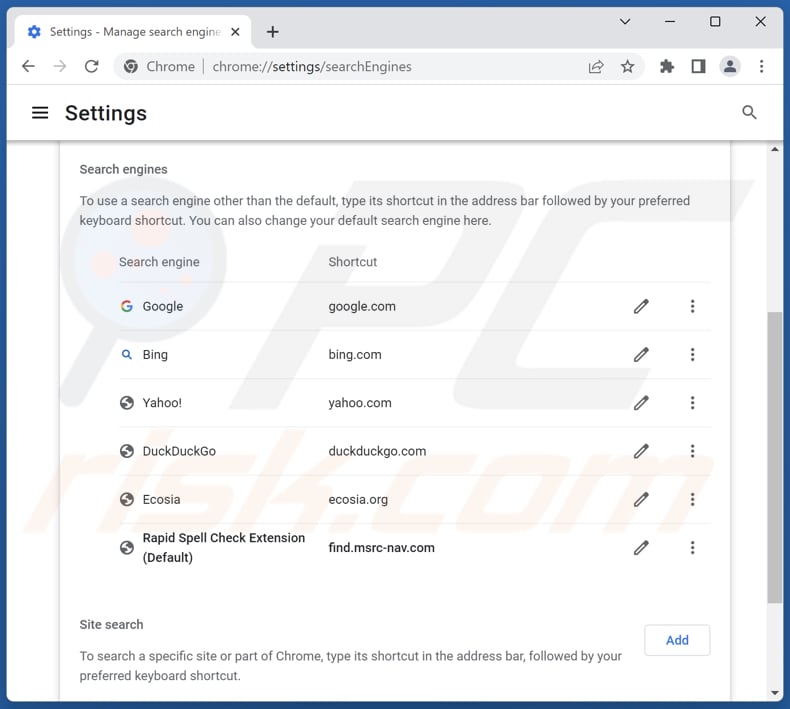 Removing find.msrc-nav.com from Google Chrome default search engine