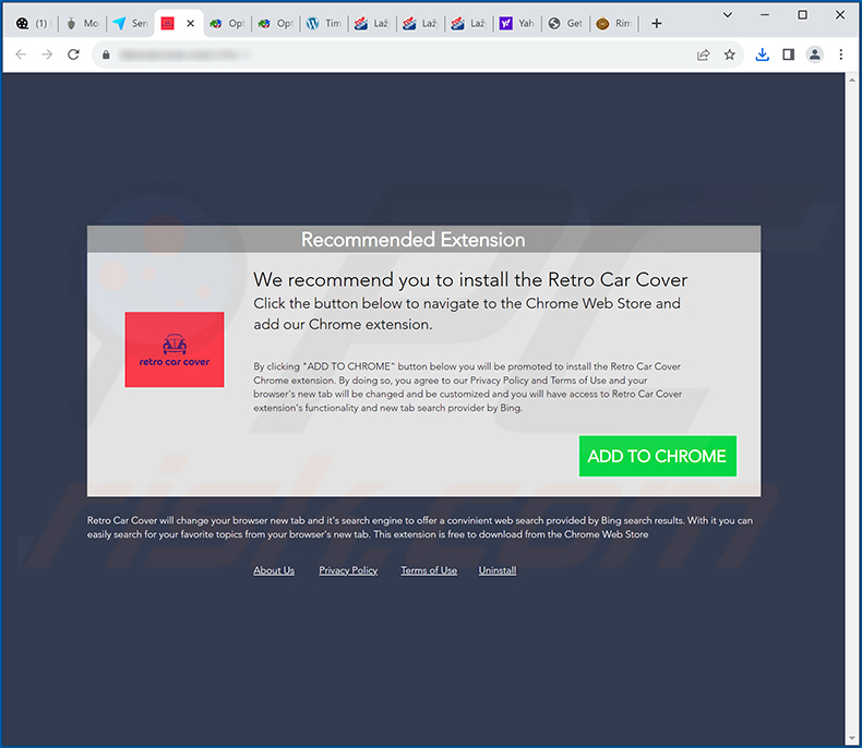 Website promoting Retro Car Cover browser hijacker (sample 2)