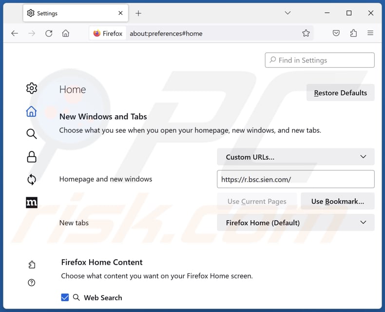 Removing r.bsc.sien.com from Mozilla Firefox homepage