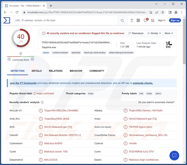 SapphireStealer malware detections on VirusTotal