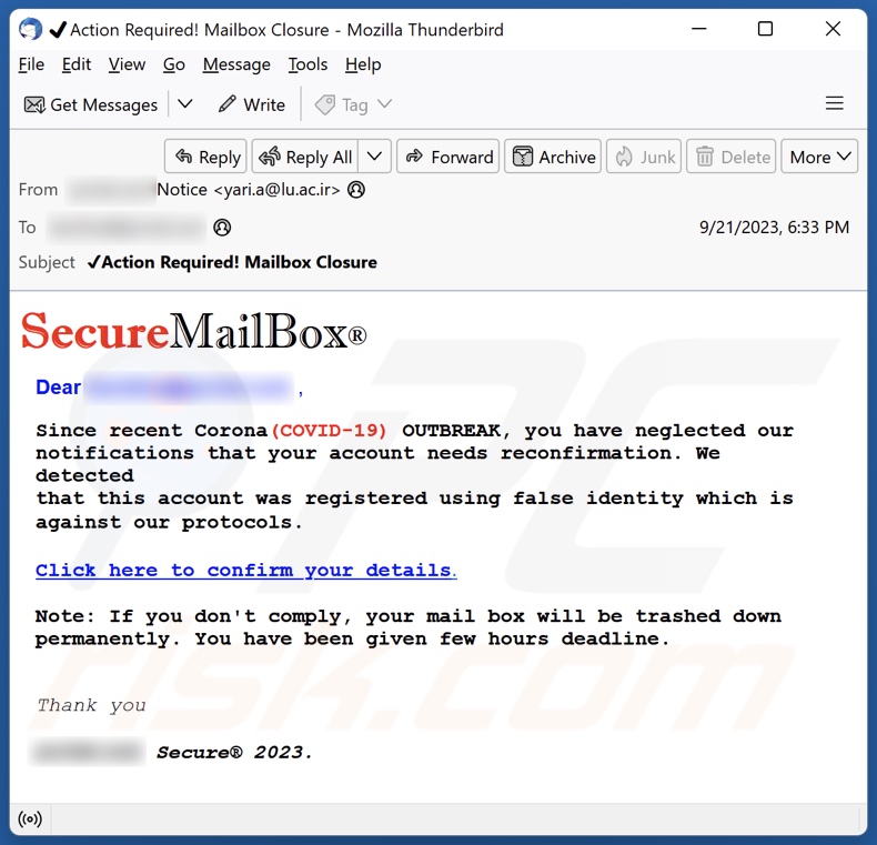 SecureMailBox - Account Reconfirmation email spam campaign