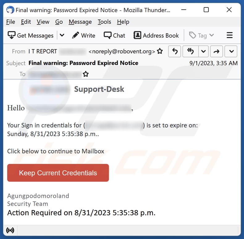 Sign In Credentials Is Set To Expire email spam campaign
