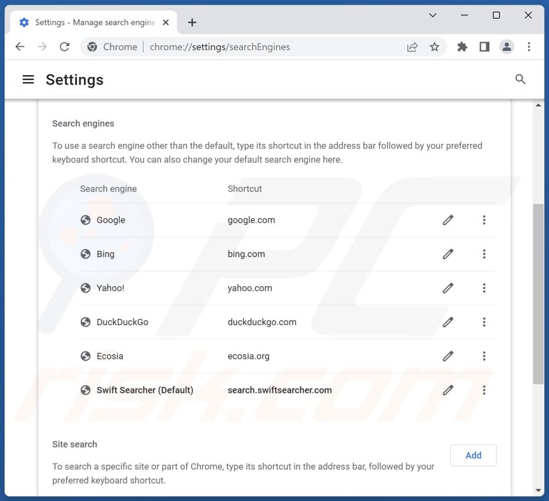 Removing search.swiftsearcher.com from Google Chrome default search engine