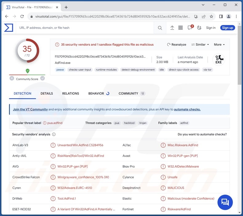 SysUpdate malware detections on VirusTotal