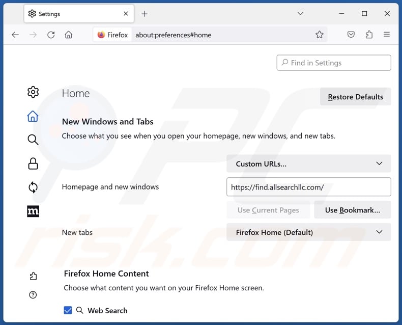 Removing find.allsearchllc.com from Mozilla Firefox homepage