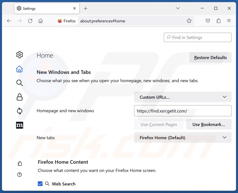 Removing find.xsrcgetit.com from Mozilla Firefox homepage