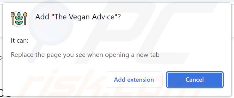The Vegan Advice browser hijacker asking for permissions