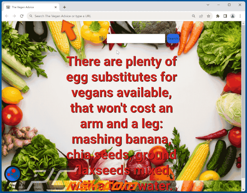 The Vegan Advice browser hijacker redirecting to Bing (GIF)