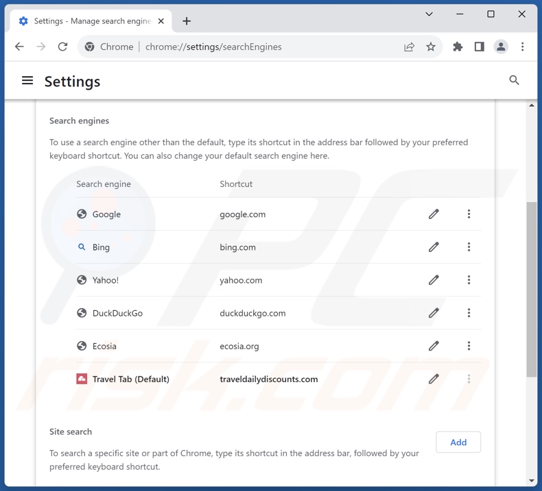 Removing traveldailydiscounts.com from Google Chrome default search engine