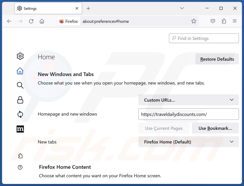 Removing traveldailydiscounts.com from Mozilla Firefox homepage