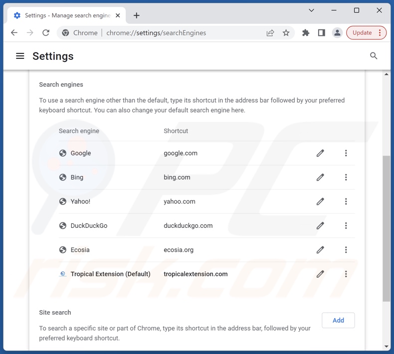 Removing tropicalextension.com from Google Chrome default search engine