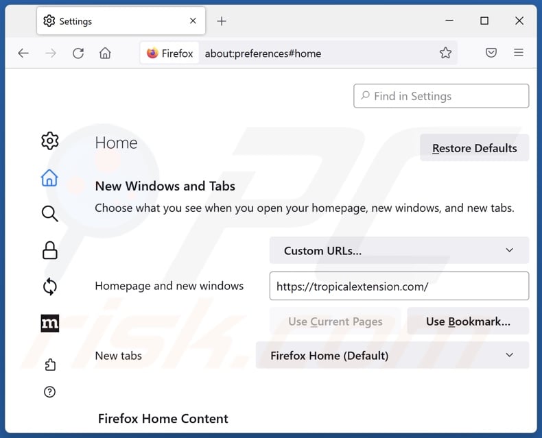 Removing tropicalextension.com from Mozilla Firefox homepage