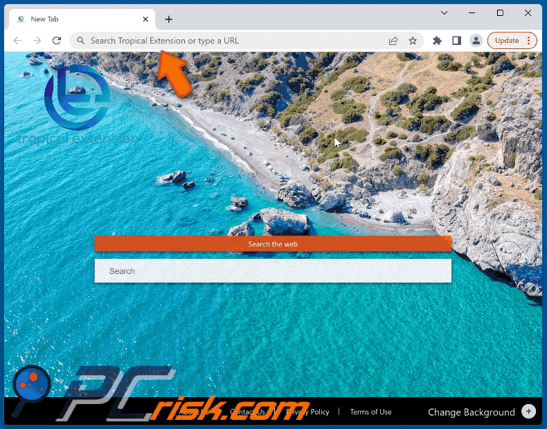 Tropical Extension browser hijacker redirecting to Bing (GIF)