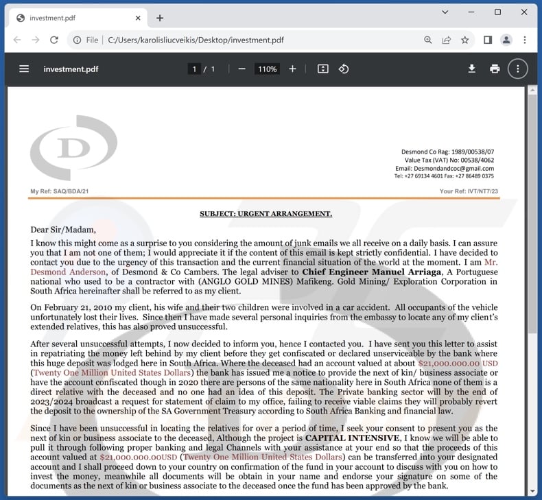 Unsuccessful Search For Relatives scam email attachment (investment.pdf)