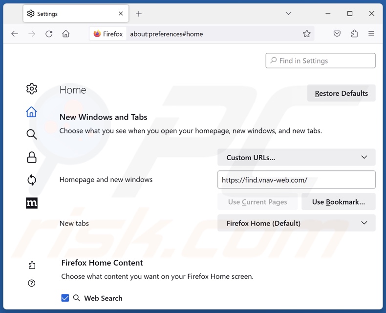 Removing find.vnav-web.com from Mozilla Firefox homepage