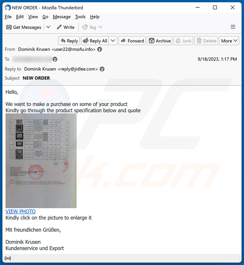 We are Interested in buying your product email scam (2023-09-19)