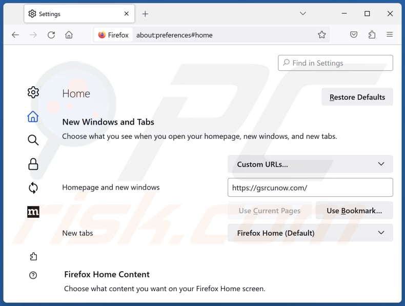 Removing gsrcunow.com from Mozilla Firefox homepage