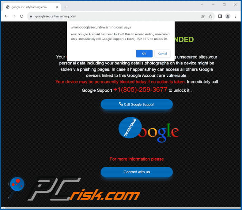 Appearance of Your Google Account Has Been Locked! scam (GIF)