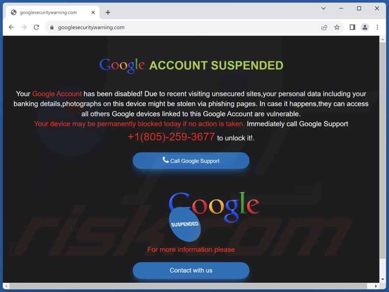 Background page of the Your Google Account Has Been Locked! scam
