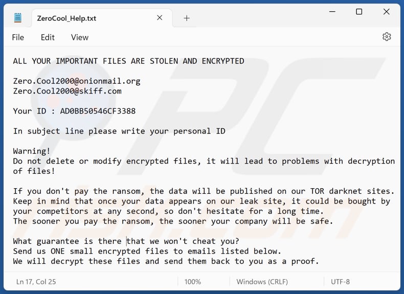 ZeroCool ransomware text file (ZeroCool_Help.txt)