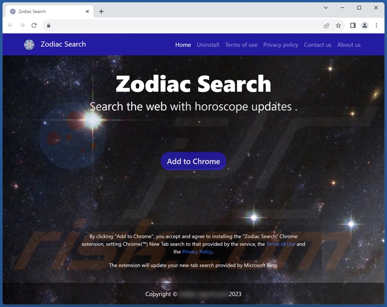 Website used to promote Zodiac Search browser hijacker