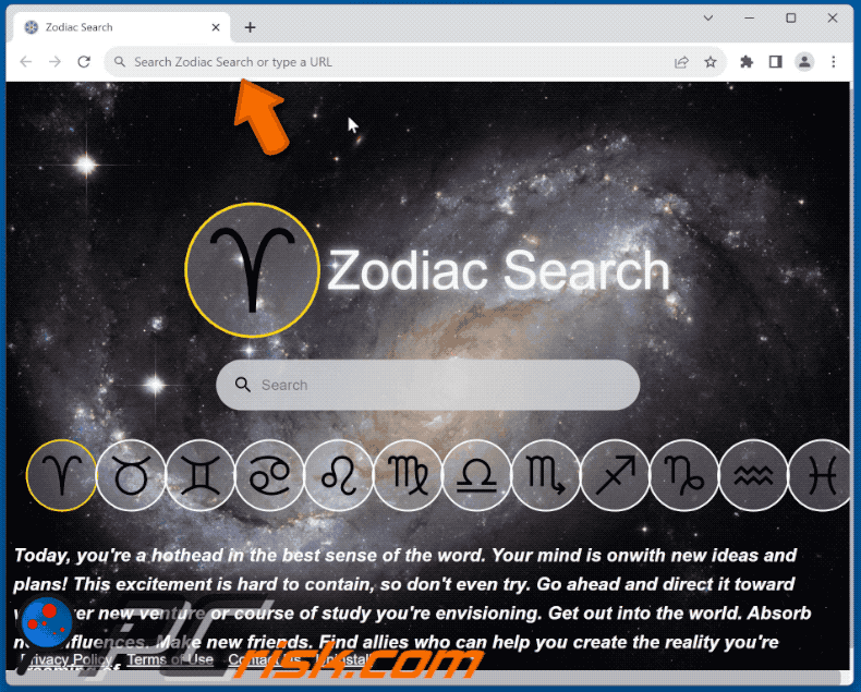 Zodiac Search browser hijacker redirecting to Bing (GIF)
