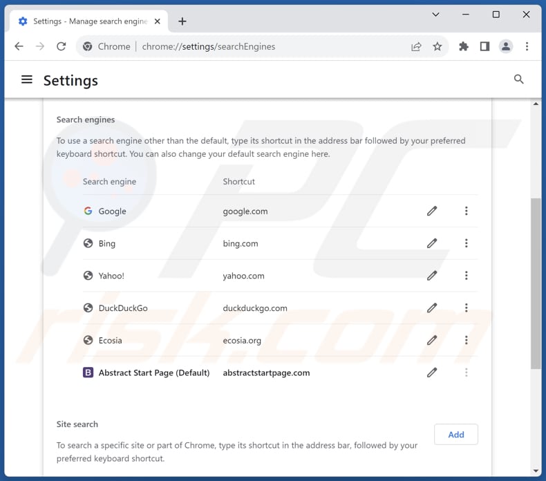 Removing abstractstartpage.com from Google Chrome default search engine