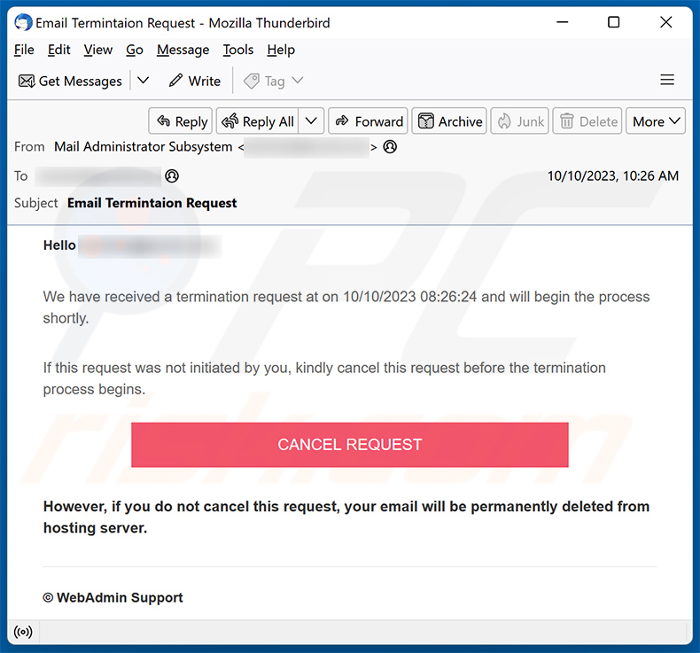 Account Termination Request email scam (2023-10-11)