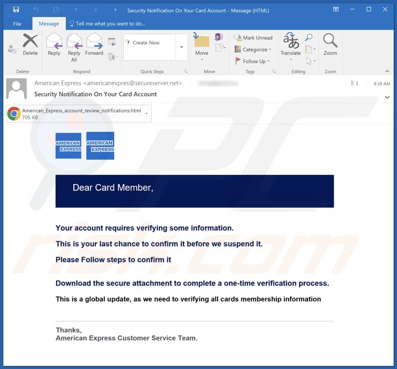 American Express Account Confirmation email spam campaign